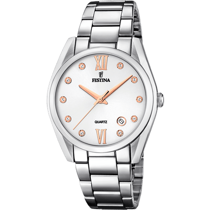 Festina Damenuhr mit silbernem Edelstahlarmband, rundem Zifferblatt mit römischen Zahlen
