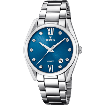Festina Damenuhr: blaues Zifferblatt mit römischen Zahlen, Edelstahlarmband, Quarzwerk