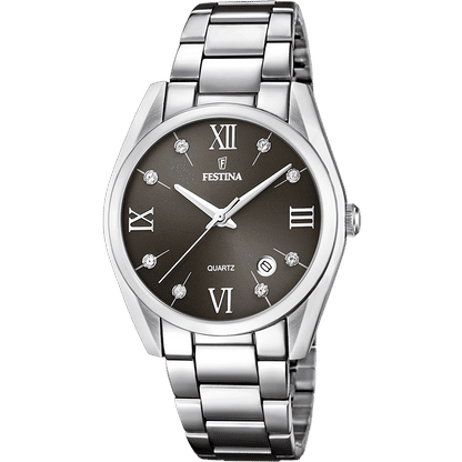 Festina Damenuhr mit Edelstahlband, schwarzem Zifferblatt und römischen Zahlen, Quarz