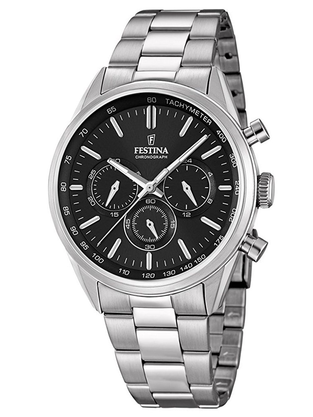 Festina Sport-Chronograph Uhr mit schwarzem Zifferblatt und Edelstahlarmband