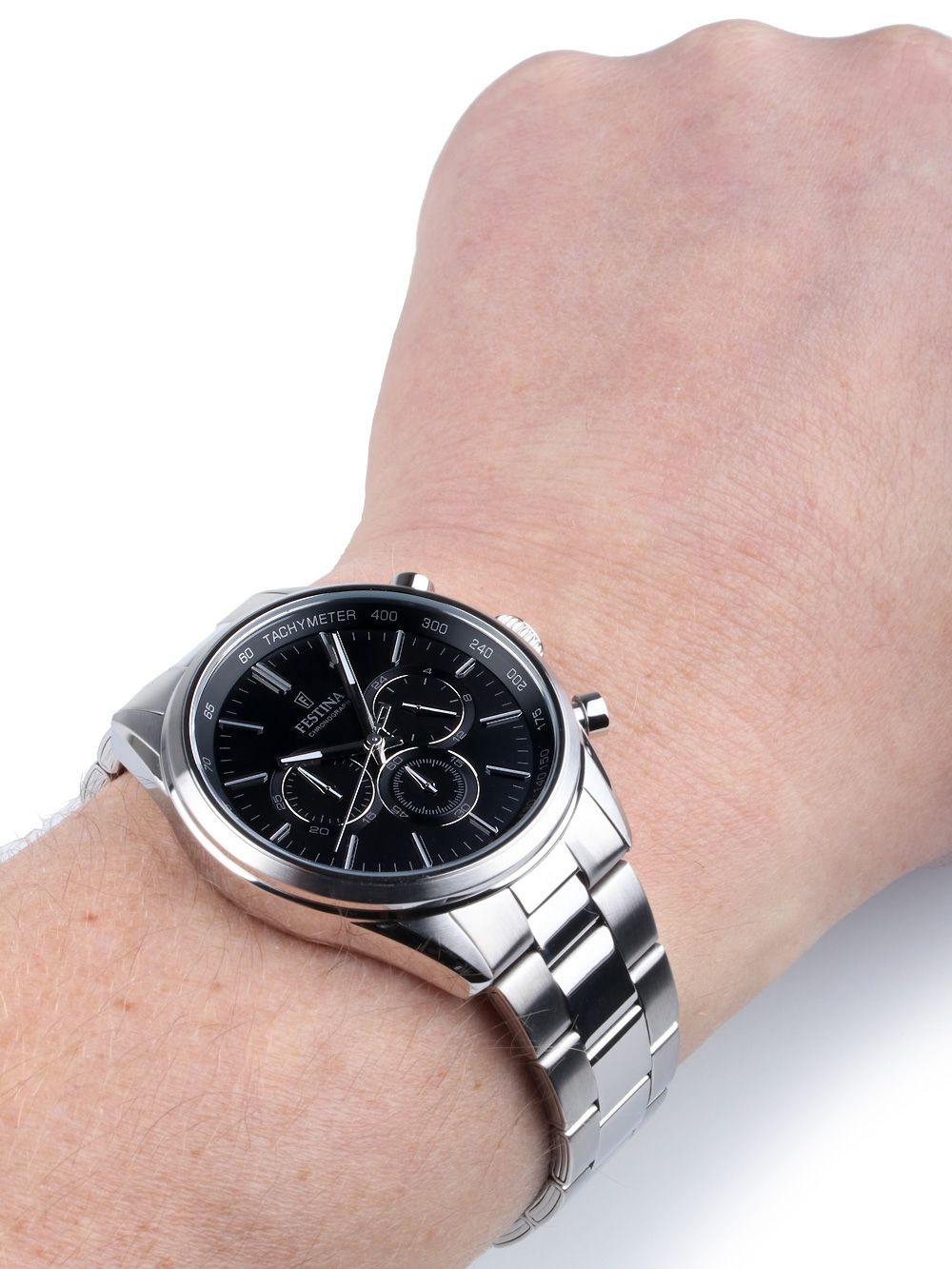 Festina Sport-Chronograph am Handgelenk, schwarzes Zifferblatt, Edelstahlarmband