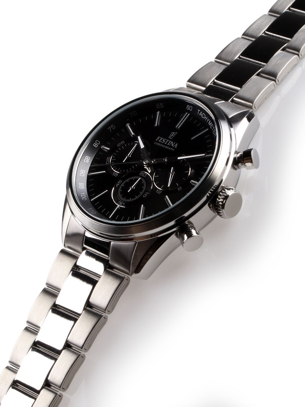 Festina Sport-Chronograph seitliche Ansicht, schwarzes Zifferblatt, Edelstahlgehäuse