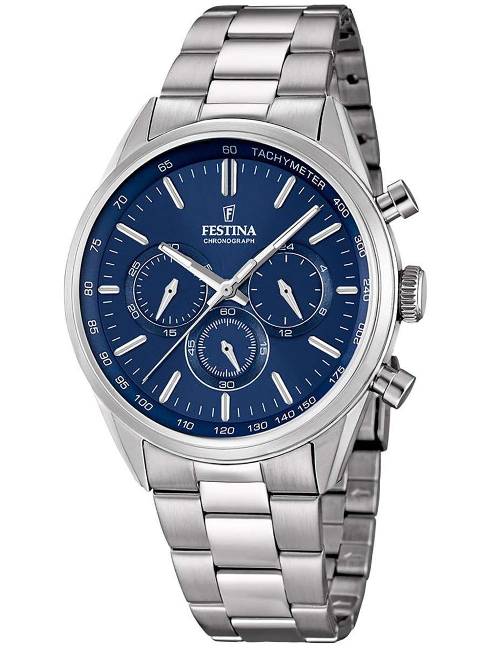 Herrenchronograph mit blauem Zifferblatt, Edelstahlarmband und Stoppuhr-Anzeigen