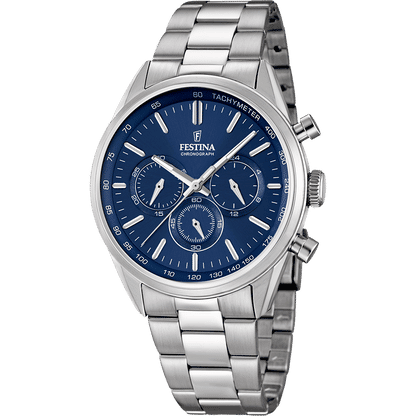 Festina Herren-Chronograph: blaues Zifferblatt, Edelstahlband, Mineralglas