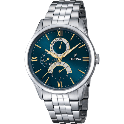 Festina Herrenarmbanduhr mit blauem Zifferblatt, goldenen Zeigern und Edelstahlarmband