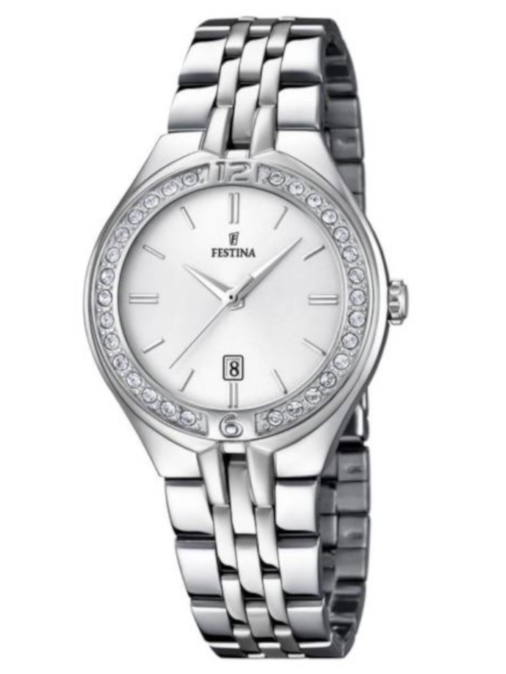 Damenarmbanduhr Festina mit silberfarbenem Edelstahlband, Zirkonia-Lünette und weißem Zifferblatt
