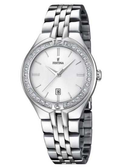 Damenarmbanduhr Festina mit silberfarbenem Edelstahlband, Zirkonia-Lünette und weißem Zifferblatt