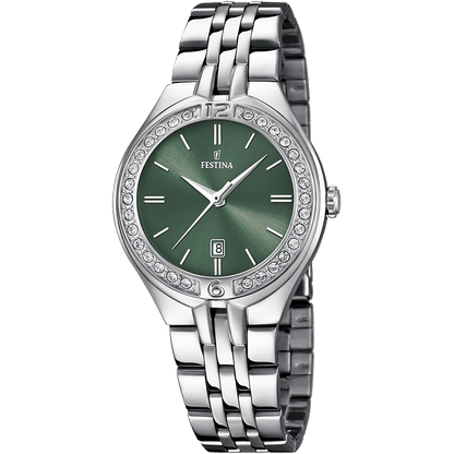 Festina Mademoiselle Damen-Armbanduhr mit grünem Zifferblatt und Edelstahlarmband