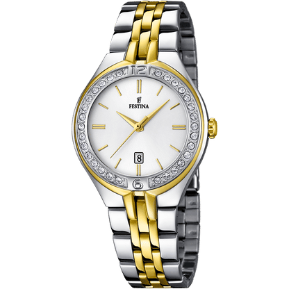 Festina Damenuhr: zweifarbiges Metallarmband, weißes Zifferblatt, Zirkonia-Lünette