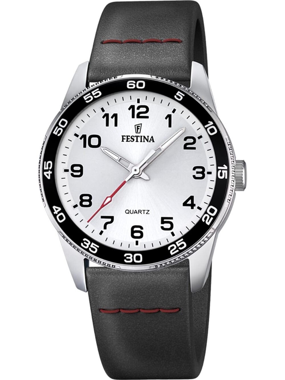 Kinderuhr von Festina mit silbernem Gehäuse, schwarzem Lederband und weißem Zifferblatt