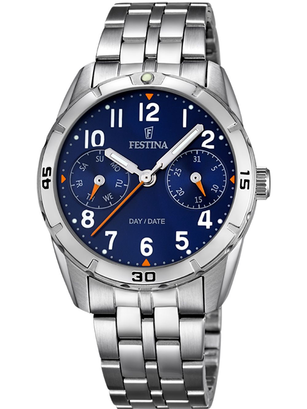Kinderuhr mit silbernem Metallarmband, blauem Zifferblatt, Tages- und Datumsanzeige