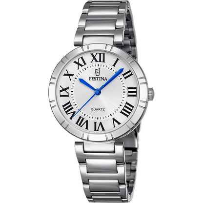 Festina Damenuhr mit silberfarbenem Edelstahlarmband, weißem Zifferblatt, Mineralglas