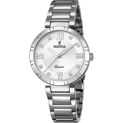 Festina Mademoiselle Damenuhr: silbernes Metallarmband, rundes weißes Zifferblatt mit römischen Ziffern
