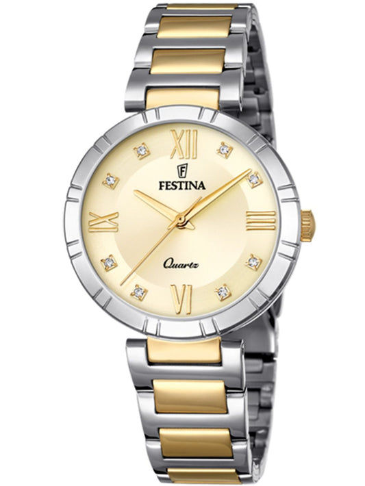Dwukolorowy zegarek damski ze złotą tarczą, rzymskimi cyframi i logo Festina