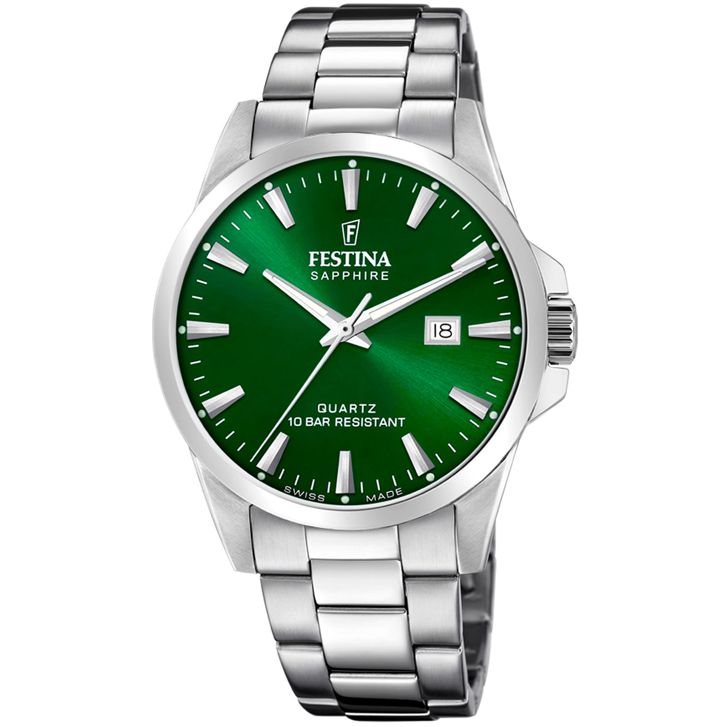 Festina Herrenuhr: grünes Zifferblatt, Datumsfenster, Edelstahlarmband, Saphirglas