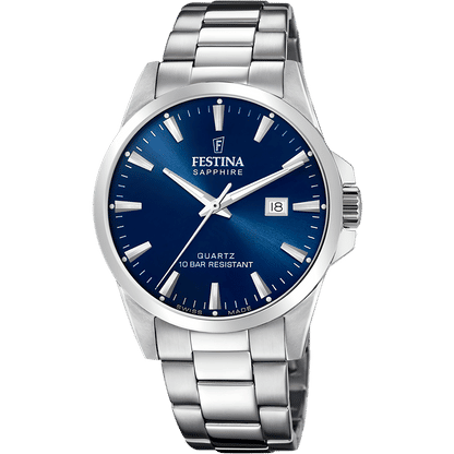Festina Herrenuhr mit blauem Zifferblatt, Edelstahlarmband und Analog-Quarzwerk
