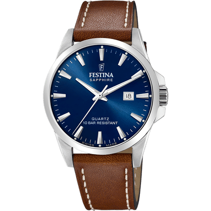 Herren-Armbanduhr mit blauem Zifferblatt, braunem Lederband und Edelstahlgehäuse, Saphirglas