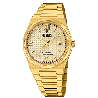 Festina Herrenuhr mit goldenem Metallarmband, rundem Zifferblatt mit römischen Ziffern
