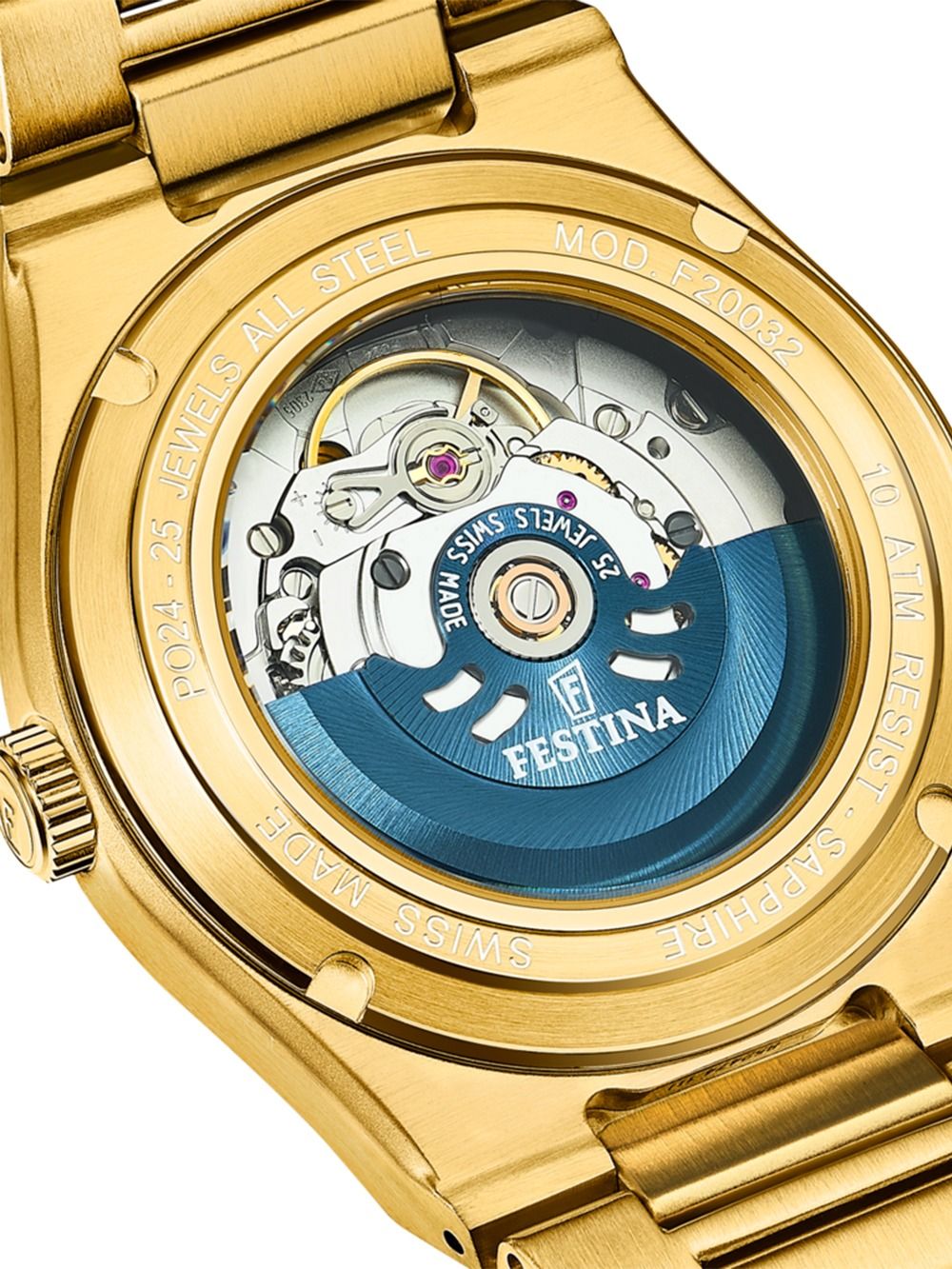 Herrenarmbanduhr mit blauem Automatikrotor im Gehäuseboden