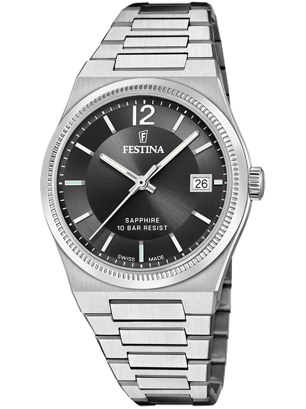 Festina Damenuhr mit schwarzem Zifferblatt, Saphirglas und Metallarmband