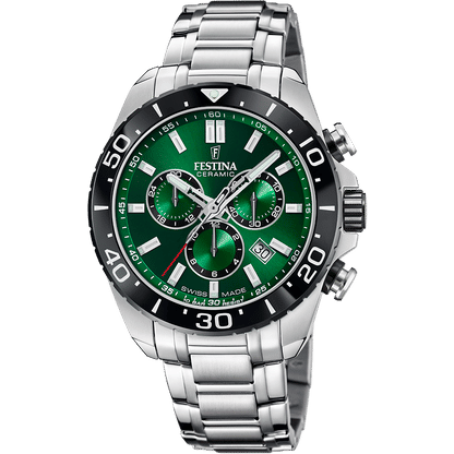 Festina Herren-Chronograph mit Stahlband, schwarzem Zifferblatt und grünen Subdials