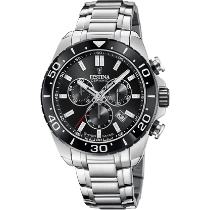 Festina Herren-Chronographuhr mit schwarzem Keramikzifferblatt und Edelstahlarmband