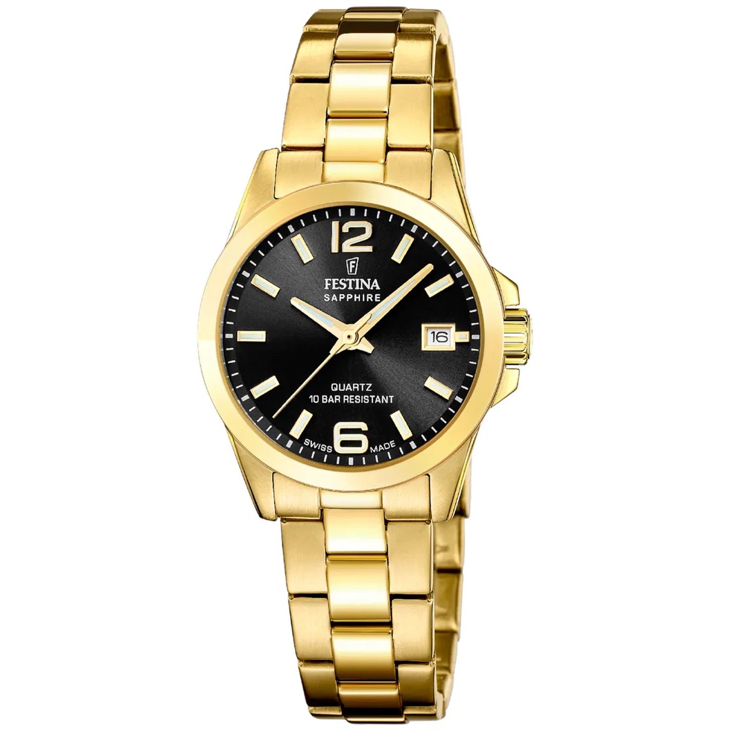 Festina Damenuhr mit goldfarbener Metallarmbandkette, schwarzem Zifferblatt und Saphirglas