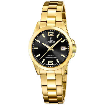 Festina Damenuhr mit goldfarbener Metallarmbandkette, schwarzem Zifferblatt und Saphirglas