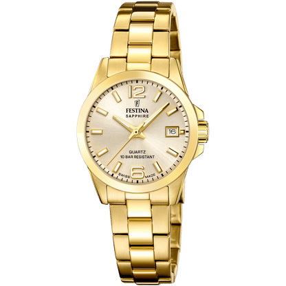 Damen-Armbanduhr goldfarben mit rundem Zifferblatt, Datumsfenster bei 6 Uhr, Saphirglas