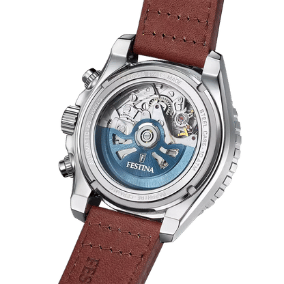 Herrenarmbanduhr mit offenem Gehäuse, blauem Uhrwerk und braunem Lederarmband