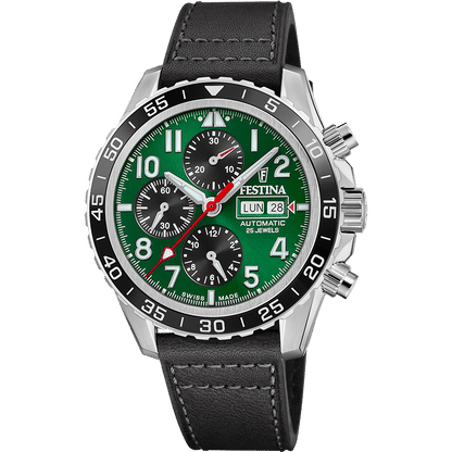 Festina Herrenuhr mit grünem Chronograph-Zifferblatt und schwarzem Lederband