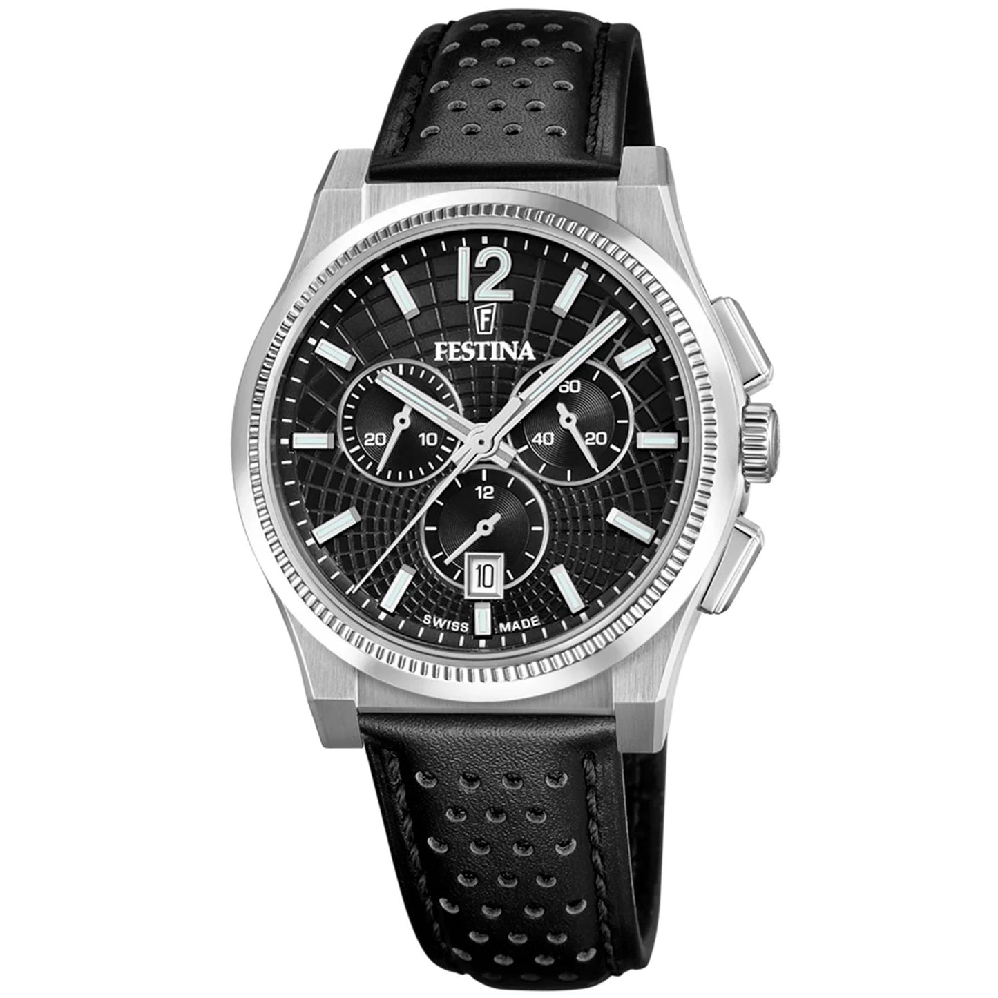 Schwarze Herrenarmbanduhr mit Chronograph-Subdials und schwarzem Lederarmband