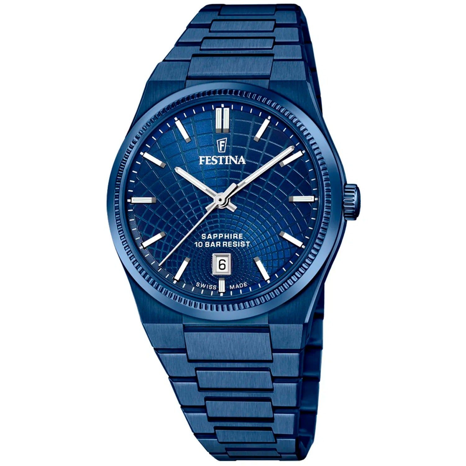 Herrenuhr mit blauem Zifferblatt, Datumsanzeige und blauem Metallarmband