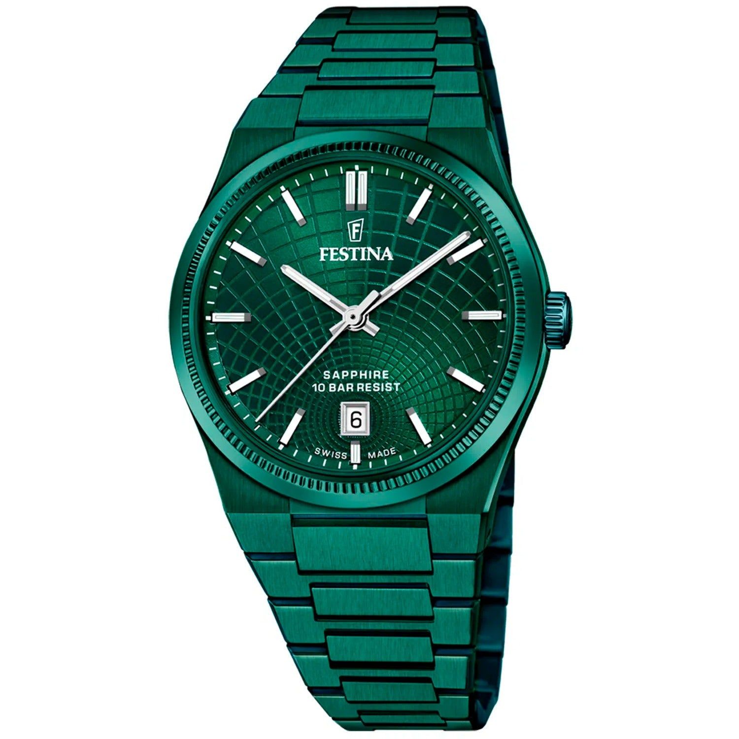 Grüne Festina Herrenuhr mit grünem Metallarmband und rundem Zifferblatt mit Gitteroptik