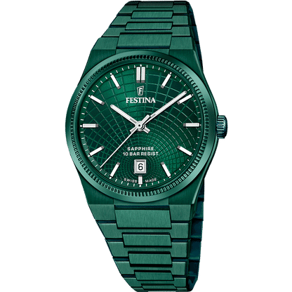 Festina Herrenarmbanduhr mit grünem Zifferblatt, Saphirglas und grünem Metallarmband, Automatik