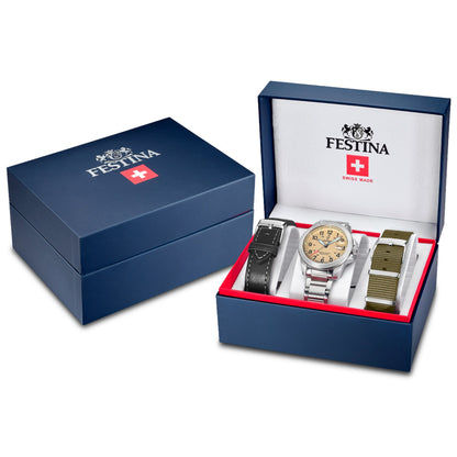 Festina Field Herrenuhr im Set mit Etui und drei Armbändern, silbernes Gehäuse