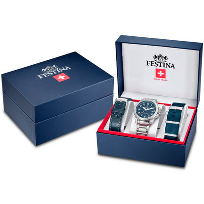 Festina Herrenuhr-Set: blaues Zifferblatt, Edelstahlgehäuse und zwei Armbänder in Box