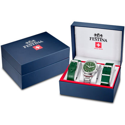 Herrenuhr-Set mit 3 Wechselarmbändern, grünem Zifferblatt, in Geschenkbox