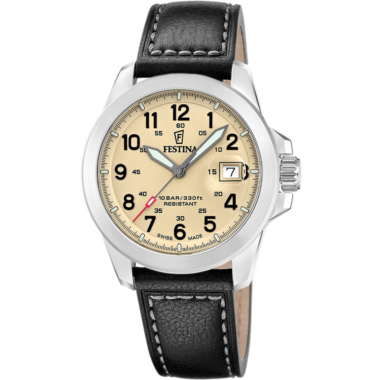 Festina Field Herrenuhr mit schwarzem Lederband und rundem weißem Zifferblatt