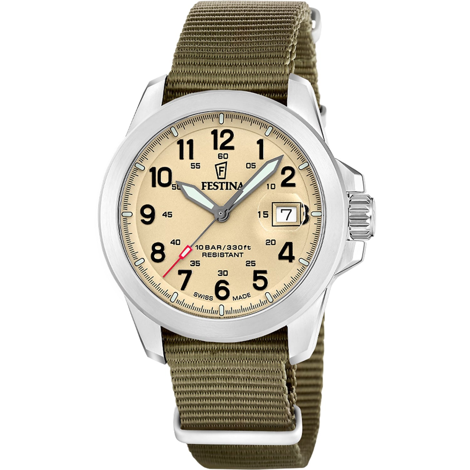 Festina Field Herrenuhr mit grünem Textilband und rundem weißem Zifferblatt