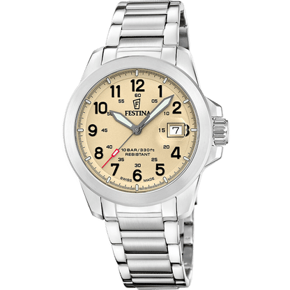 Festina Herrenuhr mit silbernem Edelstahlband und rundem Zifferblatt mit arabischen Zahlen