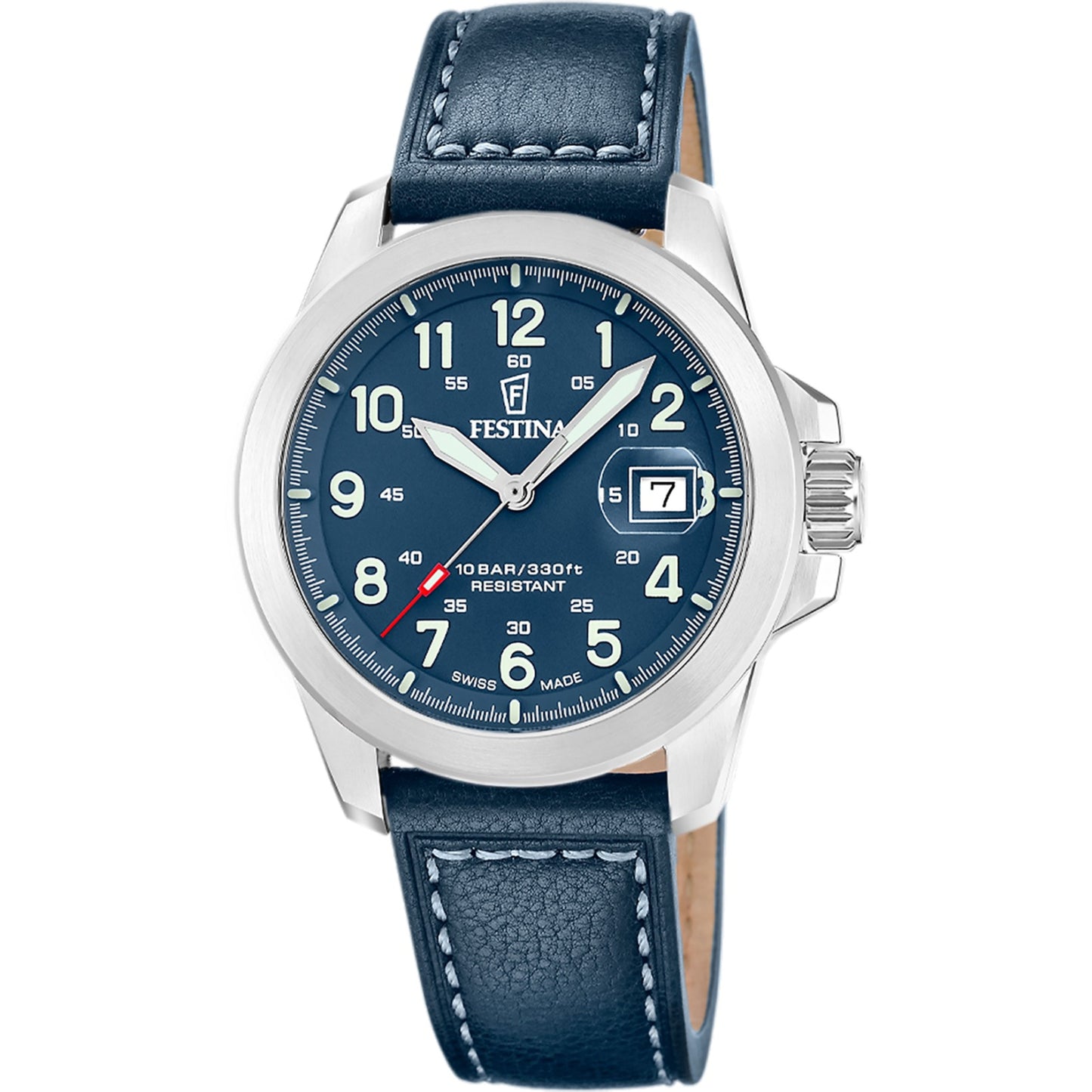 Festina Herrenuhr mit blauem Zifferblatt und dunkelblauem Lederarmband, Stahlgehäuse