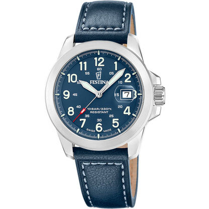 Festina Herrenuhr mit blauem Zifferblatt und dunkelblauem Lederarmband, Stahlgehäuse