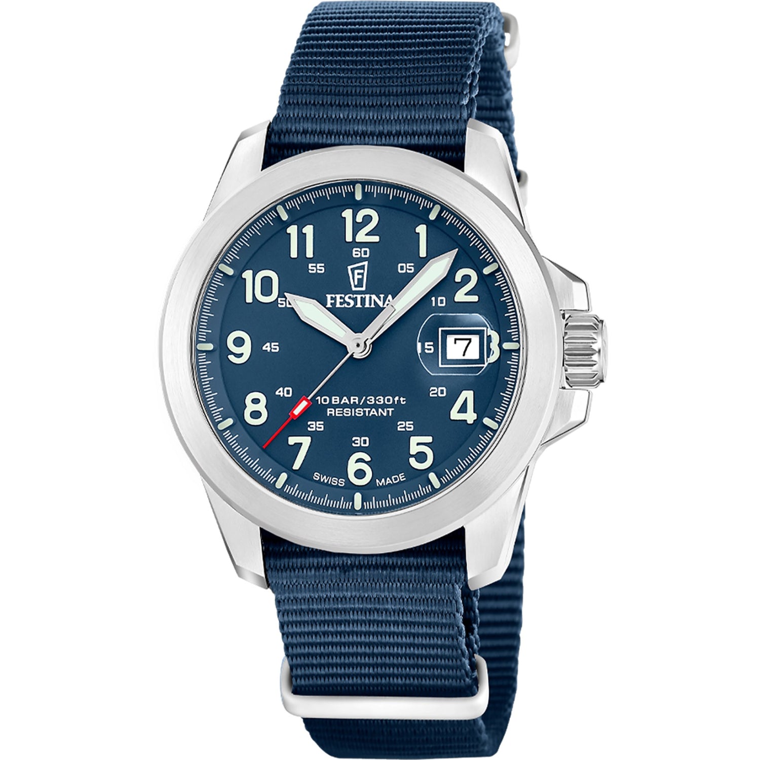 Festina Herrenuhr mit blauem Zifferblatt, Leinenarmband und Edelstahlgehäuse