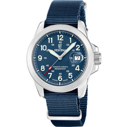 Festina Herrenuhr mit blauem Zifferblatt, Leinenarmband und Edelstahlgehäuse