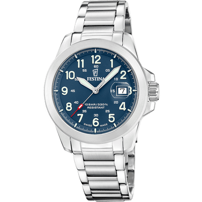 Festina Herrenuhr mit blauem Zifferblatt, Edelstahlband und Datumsanzeige