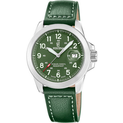 Herrenuhr mit grünem Zifferblatt und grünem Lederarmband, silbernes Gehäuse