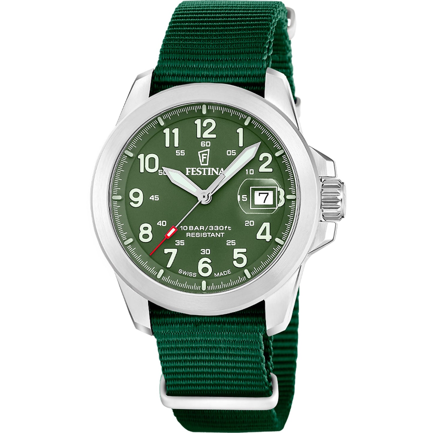 Herrenuhr mit grünem Zifferblatt und grünem Textilarmband, silbernes Gehäuse