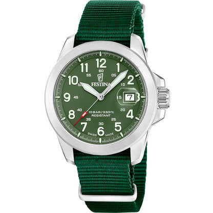 Herrenuhr mit grünem Zifferblatt und grünem Textilarmband, silbernes Gehäuse