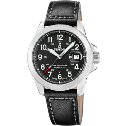 Festina Herrenuhr mit schwarzem Lederarmband, schwarzem Zifferblatt und Stahllünette